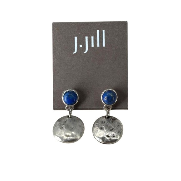 J. Jill Post Drop Earrings Indigo Blue Skies Bead Hammered Disk Silver Tone NWT - Picture 5 of 7